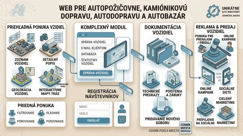 Web pre autopožičovňu a autodopravu — katalóg áut, rezervácie, platby